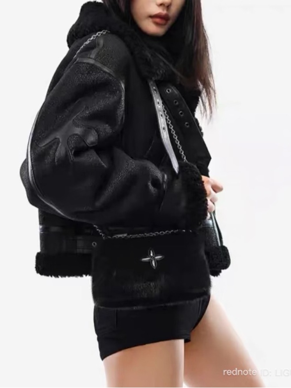 SMFK Black Pony Hair Compass Shoulder Bag Chain Purse